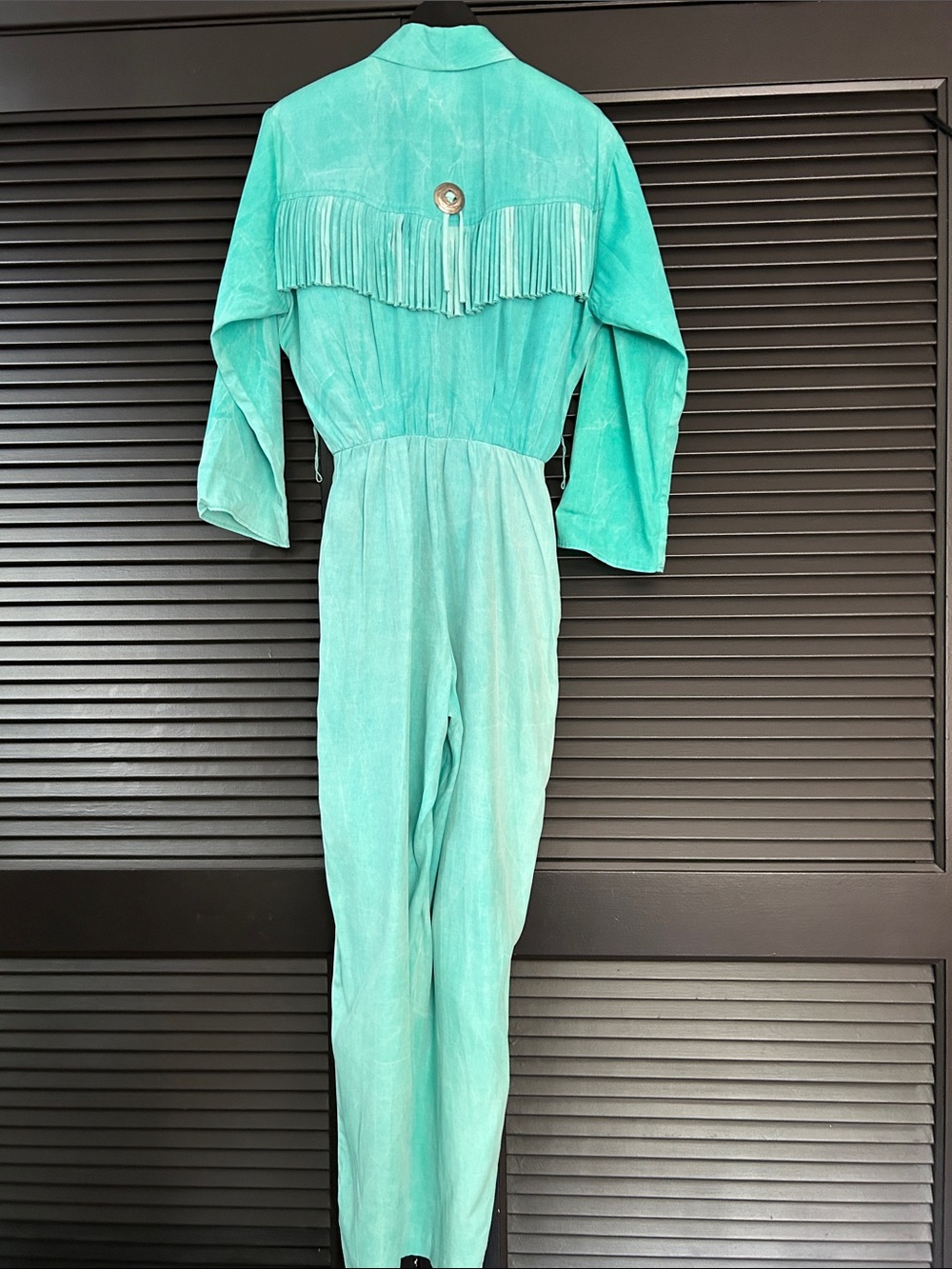 Vintage 80s Rabbit Rabbit Rabbit Turquoise Jumpsuit with Fringe & Conchos, Small - Picture 8 of 16